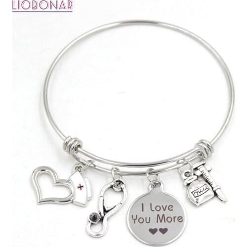 10PCS Stainless Steel Bracelet Adjustable Wire Bangle Stethoscope Nurse Hat Cap Charm Bracelets women jewelry Nurse Gifts