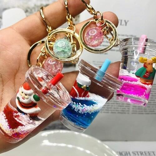 ZiccoWong New Christmas Milk Cup Keychain Keyring For Women Girl Santa Claus Christmas Tree Stockings Liquid Keychain Jewelry