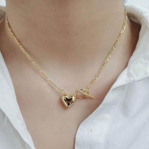 MOFLO 18K Gold Plated 925 Silver Figaro Chain Heart Shaped Pendant Necklace S925 Sterling Silver Love Heart Charm Necklace