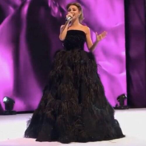 Black prom dresses 2020 strapless neckline feather a line satin fur evening dresses lace formal dress