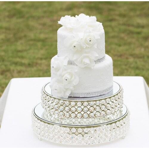 European Style Dessert Tray Silver Plate Metal Crystal Strand Glass Mirror Birthday Fruit Cake Stand Wedding Home Decoration