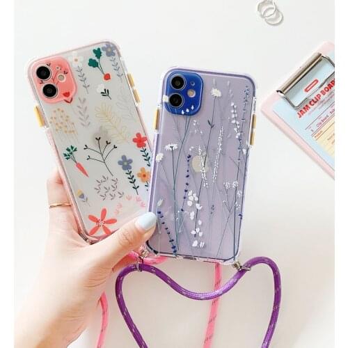 For iPhone 12 Mini 11 Pro Xs Max Case Floral Flower Soft TPU Cover With Neck Lanyard Shoulder Strap For iPhone 7 8 Plus Xr X SE2