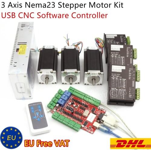 【EU Delivery】3 Axis USB CNC Software kit Nema 23 Stepper Motor(Dual Shaft) 425oz-in 112mm 3A & Driver 40VDC 4A 128 Microstep