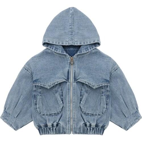 Boys and girls denim jacket 4-13 years old childrens Cotton washed denim jacket Large pocket bat sleeve loose coat kids clothes
