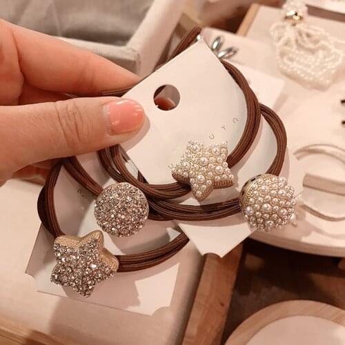 4pcs/lot Crystal Star Elastic Hair Bands Full Gem Pearl Hair Ties For Women Bows Rubber Band Shiny Diamond Hair Ropes Headwear