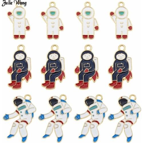 Julie Wang 6pcs Alloy Gold Tone Enamel Astronaut Charm Spaceman Pendant For Necklace Key Chain DIY Jewelry Accessory Findings