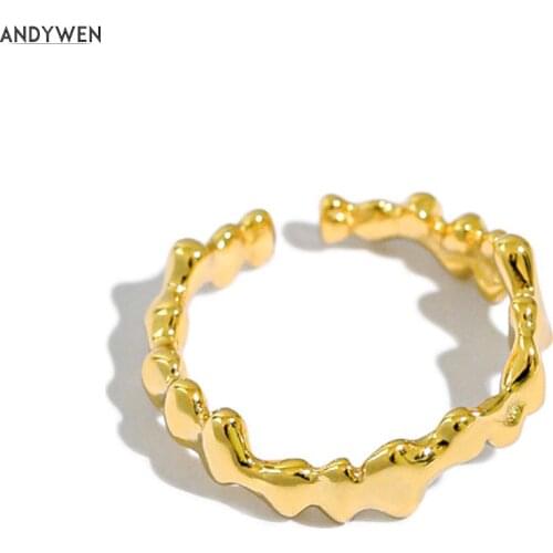 ANDYWEN 925 Sterling Silver Gold Plain Leafs Rings 2020 Resizable Women Fashion Wedding Gift Jewelry Gift Rock Punk