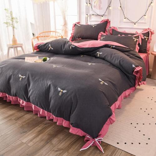 Beautiful bow Bedding Sets Little bee Home Textile Dark grey Bedding Lotus leaf Bed linen Double Bed Sanding Duvet Cover Sheet