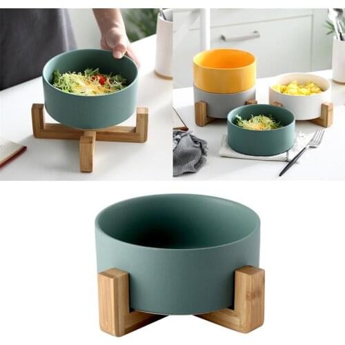 Creative Ceramic Bowl with Bamboo Wood Stand Western Food Tableware Fruit Dessert Dish Salad Bowl Soup Bowl