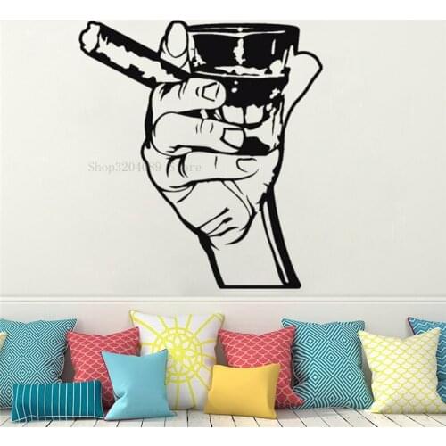 Creative Hand With Whiskey Rum Cigar Relaxation Wall Decal Vinyl Drink Alcohol Stickers For Kitchen Living Room Bar Decor CN264