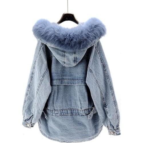 High Quality Women Winter Fur Lining Warm Loose FIt Denim Jacket Fox Fur Collar Hoody Jacket Casual Overcoat Cowboy Jeans Coats
