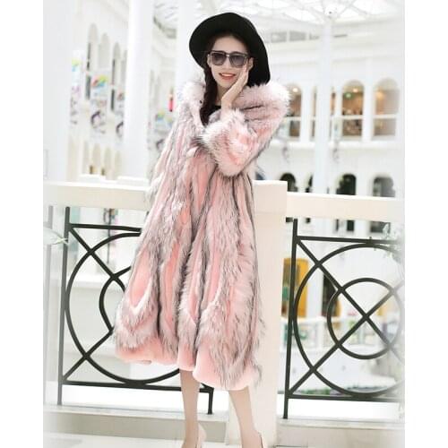 Top brand Elegant Pink Long Fashion Faux Fox Fur Coat With a hood N16 high quality