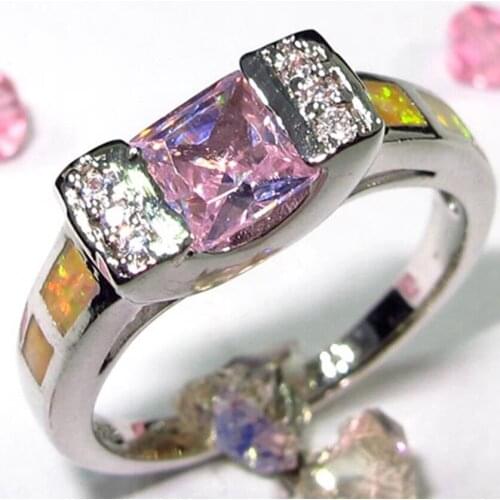 Fleure Esme Fashion vintage Wedding rings Jewelry for Noble women Pink opal and Pink Cubic Zirconia Rhodium Plated R213 size 9