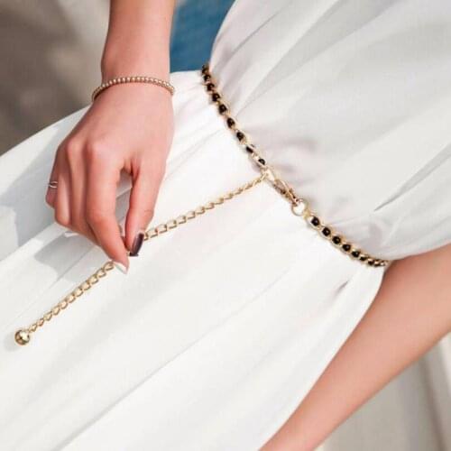 Fashion Women Chain Belt Elegant Beads Metal Adjustable Thin Waist Belt Ladies Dress Waist Chain Decorative Clothes Accessories