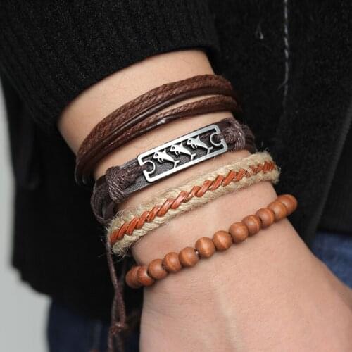 ALIUTOM Mens Multilayer Leather Beaded Bracelet Set 2020 Vintage Geometric Fish Hand Woven Charm Bracelet Jewelry Accessories