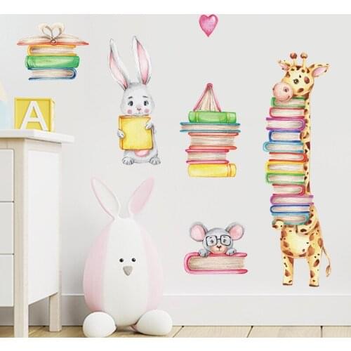 Giraffe Librarian Wall stickers Cartoon Rabbit Mouse Reader Sticker for Kids room Nursery Baby Bedroom Wall Decor Home Decor
