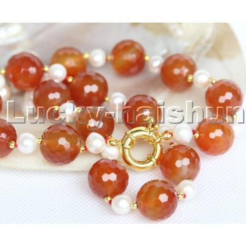 Natural 18" 14mm round diced faceted red agates white pearls necklace c203