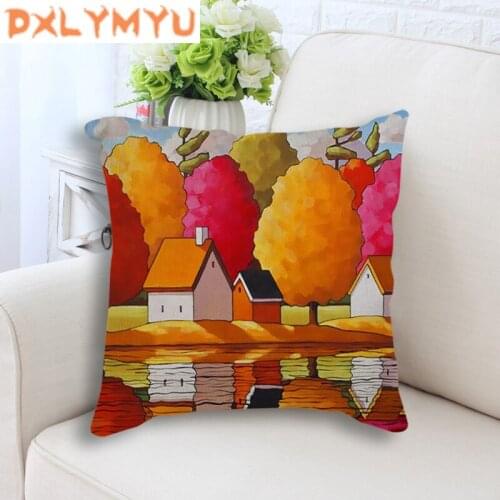 Hand-Painted Retro Rural Color House Cushion Cover Linen Throw Pillow Car Home Decoration Decorative Pillowcase 45*45cm