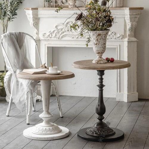 Solid Wood Wrought Iron Tea Table Retro Old Living Room American Loft Industrial Wind Round Dessert Shop Small