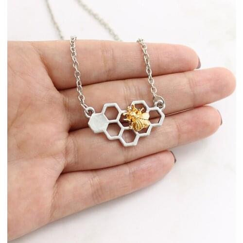 Bee Hive Animal Honeybee Pendant Necklace Silver Honeycomb Necklace with Bee Charm by tangerine jewelry