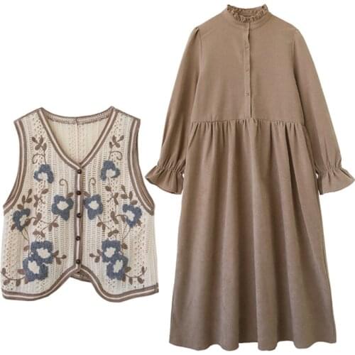 PERHAPS U Autumn Winter Vintage Midi Dress Floral Embroidery Vest Stand Neck Corduroy Long Sleeve Dress Black Red Khaki D3076