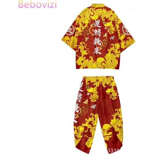 Plus Size XS-6XL Golden China Harajuku Japanese Style Sets Fashion Kimono Men Women Cardigan Haori Obi Asian Clothes Pants Suit