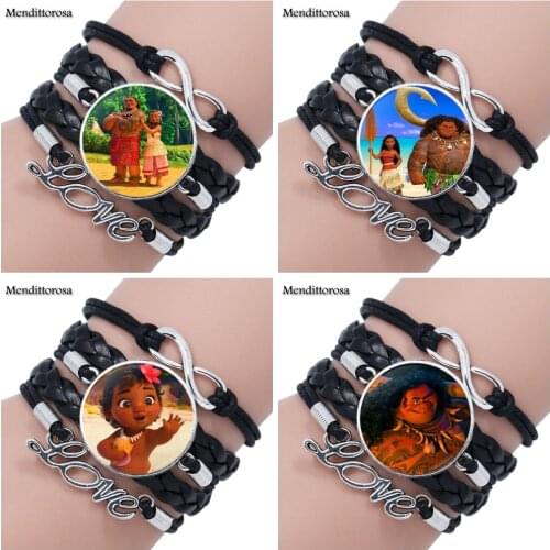 Mendittorosa Christmas Jewelry Glass Cabochon Multilayer Black/Brown Leather Bracelet Bangle For Wedding Movie Moana