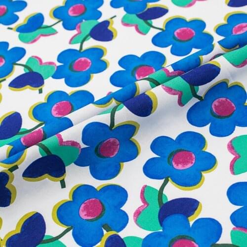 Blue Flowers On White Pure Cotton Fabric For Dress Tissus Coton Imprimé Telas Algodon Estampadas Sewing Ткань Для Шитья Vestidos