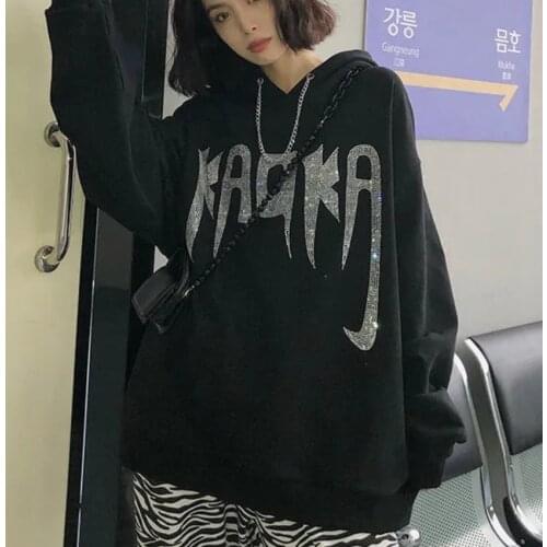 Rhinestone Gothic Hoodie Sweatshirt Woemn Letter Print Black Punk Hip Hop Harajuku Oversized Female Pullover Sweater Tops Street