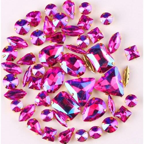 Gold claw setting 50pcs/bag 11 shapes mix Rose AB glass crystal sew on rhinestone Crystals wedding dress shoes bags diy