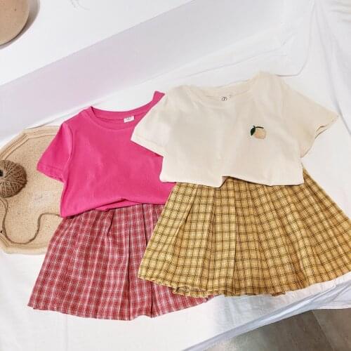 Thunderers Toddler Baby Girl Clothes Solid Embroidery T-shirt +Plaid Princess Skirt 2pcs Outfit Cotton Clothes Suit For 4-8Y