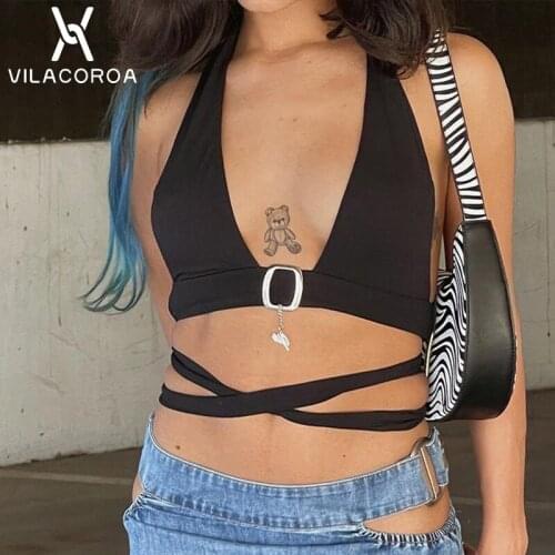 Deep V Streetwear Women Tank Tops Cross Lace-Up Ultra Short Cropped Tops Sexy Nightclub Backless Top Vest Female Cami Summer