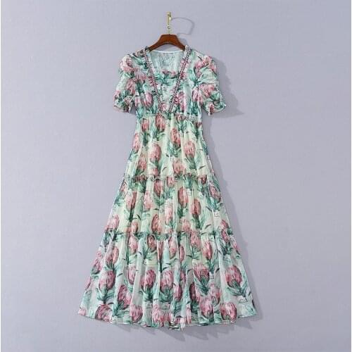 American European womens and clothing 2021 summer new style Short sleeves with bubble sleeves Fashionable floral print dress