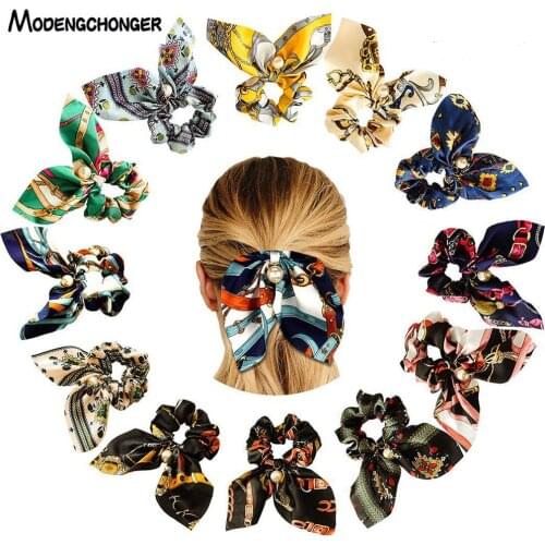 Chiffon Floral Printed Bowknot Hair Scrunchie Women Pearl Ponytail Holder Rubber Hair Tie Headband Multicolor Hair Accessories