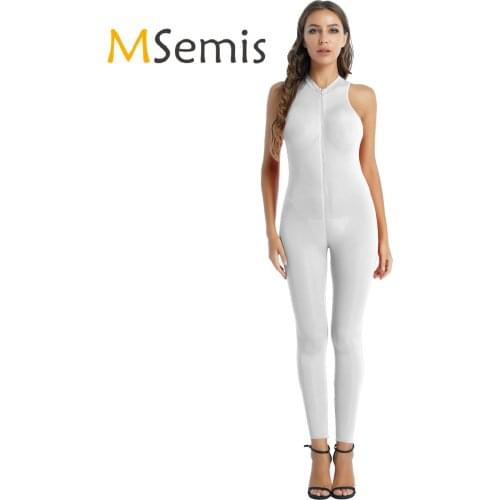 Womens Ladies Stretchy Zipper Front Sleeveless Catsuit Tight Jumpsuit Lingerie Bodysuit Stage Performance Sexy Rave Clubwear