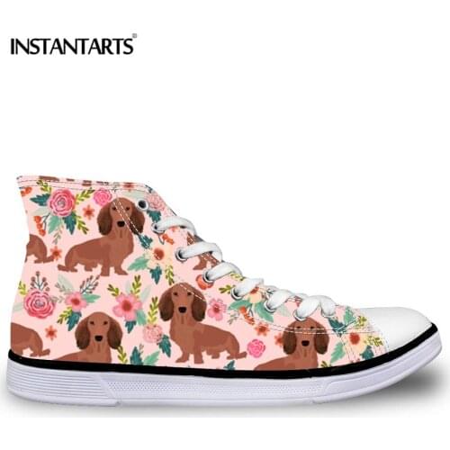INSTANTARTS 2018 New Design Women High Top Canvas Shoes Dachshund Dog Sneakers 3D Pet Dog Print Girl Womans Casual Flats Shoes