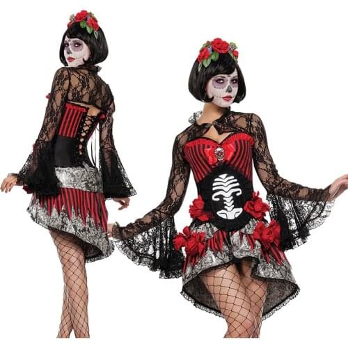 Lady Mexico Day Of The Dead Costume Vampire Horror Skeleton Corpse Bride Cosplay Carnival Halloween Fancy Party Dress