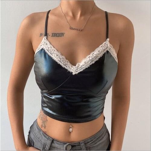 Sexy Lace Patchwork PU Leather Camisole Women Sleeveless V Neck Slim Fit Black Crop Top Club Street Fashion Tank Tops Streetwear