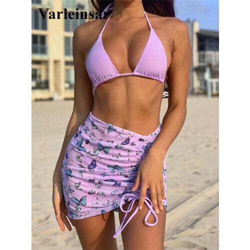Halter Butterfly Printed Bikini Women Swimwear Female Swimsuit Three-pieces Bikini set With Skirt Bather Bathing Suit Swim V2759