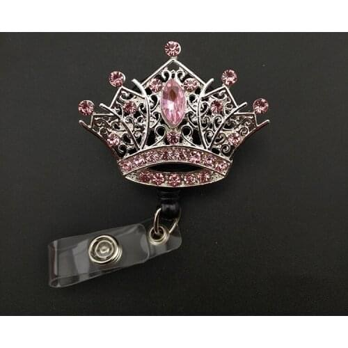 10pcs/lot free shipping Hot selling rhinestone crystal Princess pink crown Retractable ID Badge Holder/reel