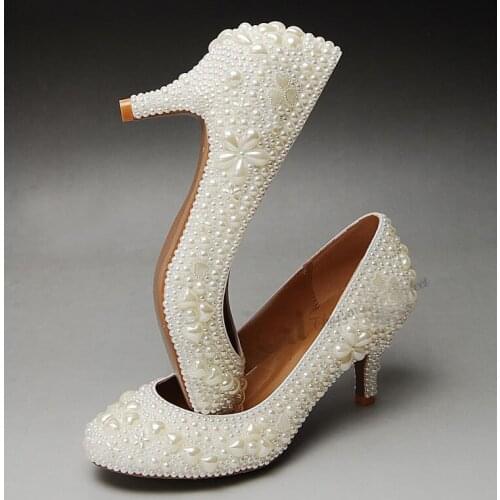 2018 New Style Round Toe Middle Heel Shoes for Bride Party Shoes Full Pearl Bridal Wedding Dress Shoes Size 34-41