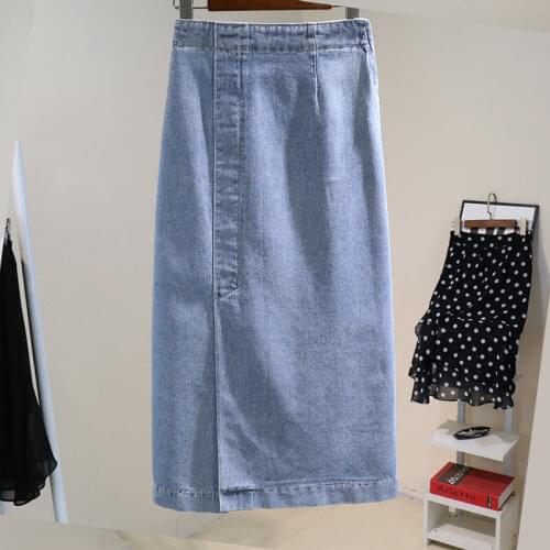 2021 Women Spring Casual Loose Denim Skirt Lady Split A-line Elastic High Waist Faldas Female Vintage Solid Plus Size Skirt K275