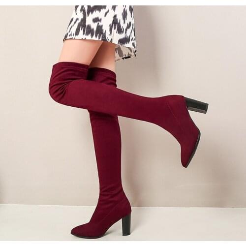 Fashion Pointed Toe Stretch Over The Knee Boots Women Faux Suede Slip On Thigh Boots Lady Square High Heel Autumn Winter Boots 9