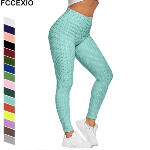 FCCEXIO 2021 New Fitness Sexy Buttocks Pure Color Bubble Yoga Leggings Women High Waist Bottom Stretch Sport Tights Spodnium