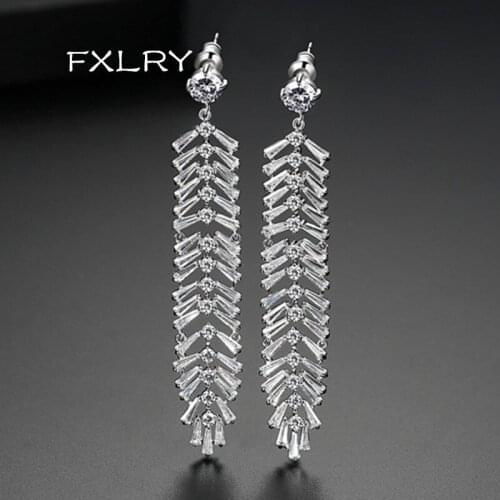 FXLRY New Fashion White color Cubic Zirconia Leaf Shape Long Dangle Drop Earrings for Women Girls Dating Wedding Jewelry