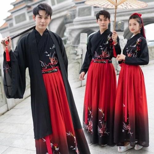Chinese Traditional Couple Hanfu Embroidery Tops Skirt Cardigan Stage Performance Folk Dance Dress Ancient Swordsman Costume