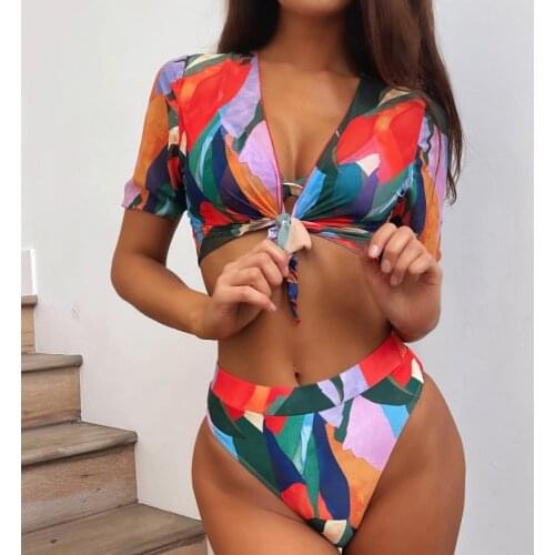 2021 Yiiciovy Sexy Women Three-piece Swimming Bikini Set Tangerine Colorful Print Bikini Bra + Panties+ Cover-ups Top Beach Sets