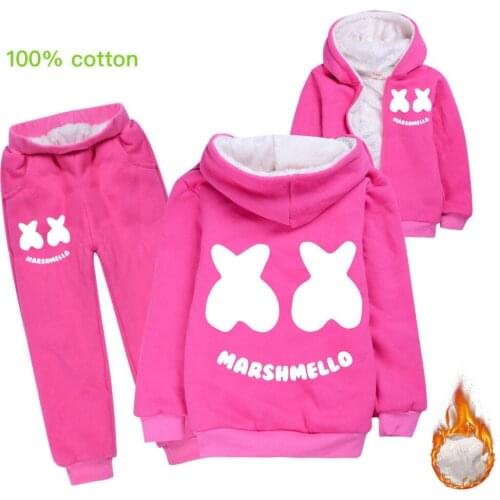 DJ Marshmello Boys Fleece Clothes Sets Winter Add Velvet To Keep Warm Hoodies Coat Tracksuit Outdoor Suit Girls Sweatshirt Suit