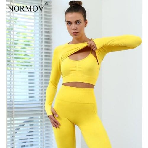 NORMOV Fitness 3 Piece Set Tracksuit Women Seamless High Waist Gym Sports Matching Sets Running Workout Sportswear Outfits