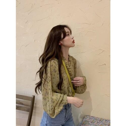 Summer Floral V-neck Is Very Thin, Long-sleeved Chiffon Shirt with Loose Frills, Fairy Blouse, Sun Protection Top